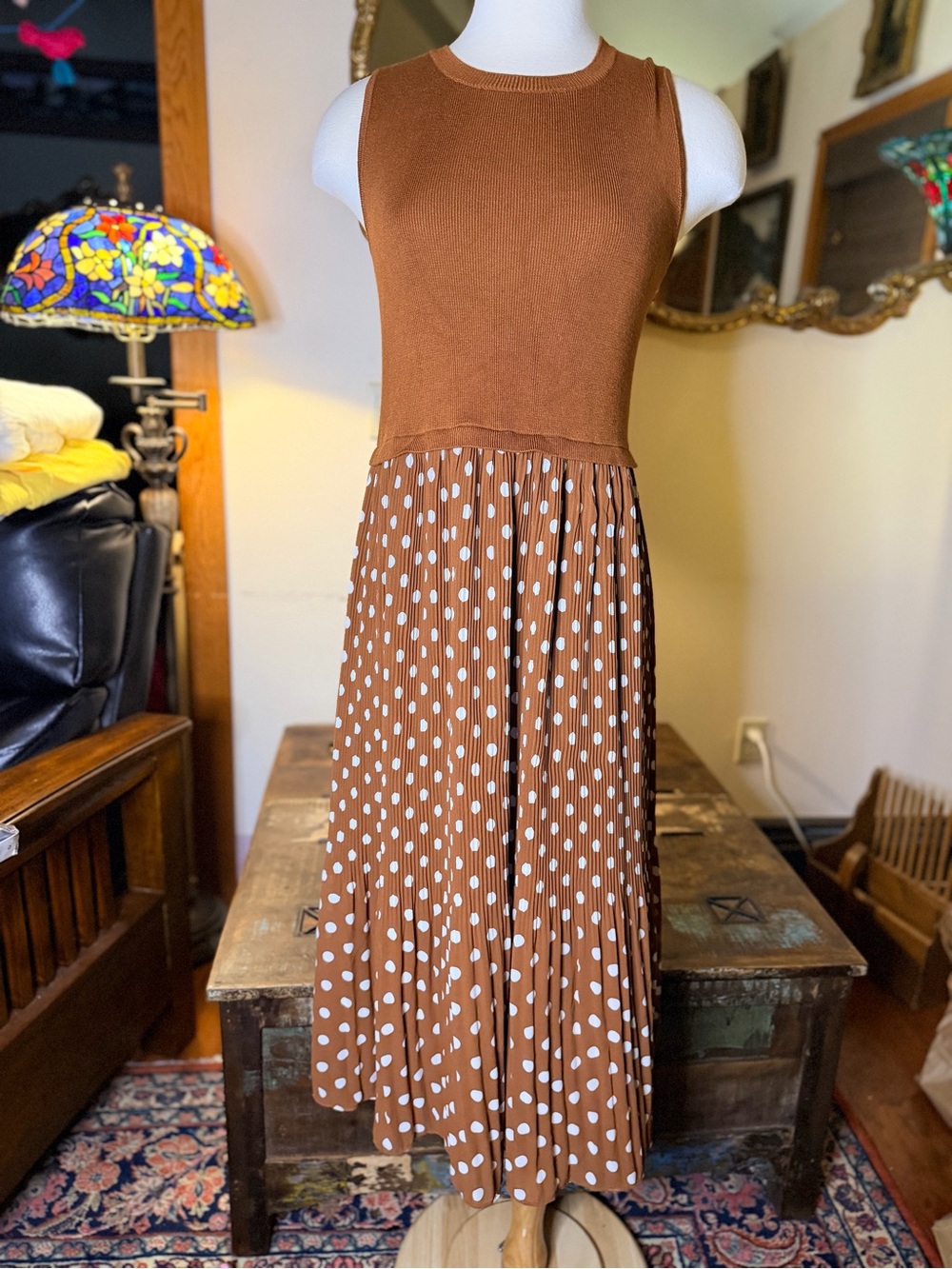 Sweater Knit Sleeveless Polka Dot Pleated Skirt Midi Dress